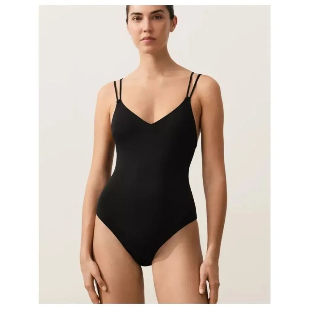 Oysho Womens Swimsuit Bathing suit M Black Crossover Strap Vneck 2473/302 NWT